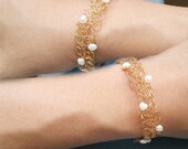 Beads Bracelet Narrow Cuff Bracelet With Pearls  Crochet Wire Jewelry  Simple Lace Pearl Bracelet  Gold filled Bracelet Gold plated Bangle