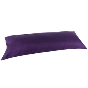 May include: A long, purple pillow for sleeping or lounging. It is made of a soft, smooth fabric.