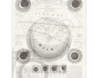 May include: A vintage illustration depicting the general construction of a solar eclipse. The illustration shows the Earth with a superimposed map of the world, and the moon's orbit, with the sun's rays emanating from the top of the page. The illustration includes text labels for Paris, London, Dublin, and other cities.