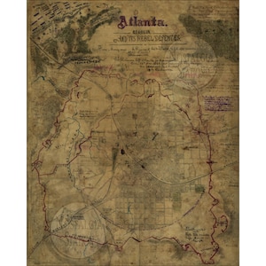 Atlanta, Georgia und es ist die Rebellenverteidigung 1864 Antike Vintage Historische Karte Wandkunst Emory Georgia Tech Braves Falken Nachdruck KOSTENLOSER VERSAND!