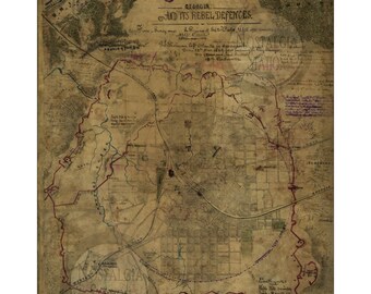 Atlanta, Georgia y sus defensas rebeldes 1864 Mapa histórico antiguo de época Arte de pared Emory Georgia Tech Braves Falcons Reimpresión ¡ENVÍO GRATIS!