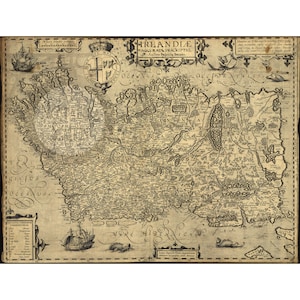 Mappa dell&#39;Irlanda del 1606, antica foto d&#39;epoca, mappa pirata in stile steampunk, decorazione da parete, ristampa SPEDIZIONE GRATUITA!