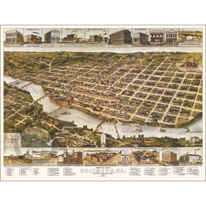 Columbus GA Géorgie 1886 Birds Eye carte historique vintage photo murale art décoration murale Phenix City Fort Benning Moore réimpression livraison gratuite !