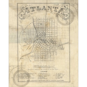 Atlanta, Georgia 1864 Antike Vintage Historische Karte Wandkunst Emory Georgia Tech Braves Falken Georgia State Nachdruck KOSTENLOSER VERSAND!