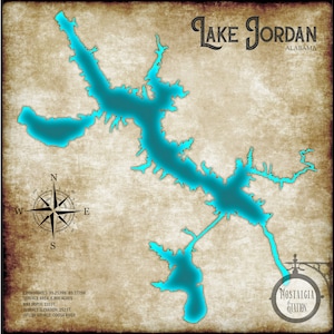 Lake Jordan Alabama Vintage Style Lake Wand Kunst Dekor Angeln Landkarte Wetumpka Montgomery Prattville KOSTENLOSER VERSAND!