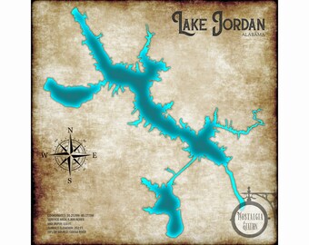 Lago Jordan Alabama Vintage Estilo Lago Pared Arte Decoración Pesca Vida Mapa Wetumpka Montgomery Prattville ¡ENVÍO GRATIS!