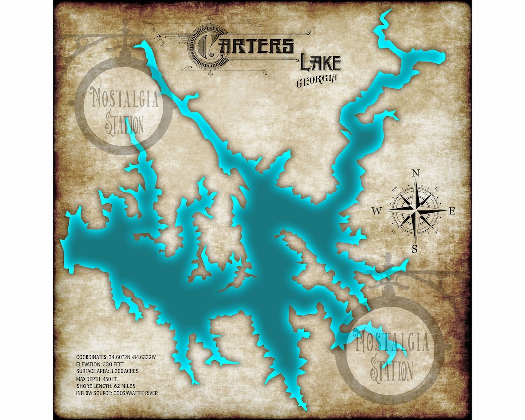 Carters Lake Georgia Vintage Style Lake Wall Art Decor Fishing Life Map ...