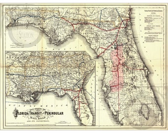 Florida 1882 Railroad Map Antique Historic Vintage Photo Steampunk Pirate Map Wall Decor Art Reprint  FREE SHIPPING!