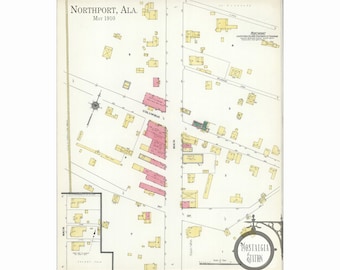 Northport AL Alabama 1910 Tuscaloosa Antique Vintage Historic Map Roll Tide Reprint 24x30" FREE SHIPPING!
