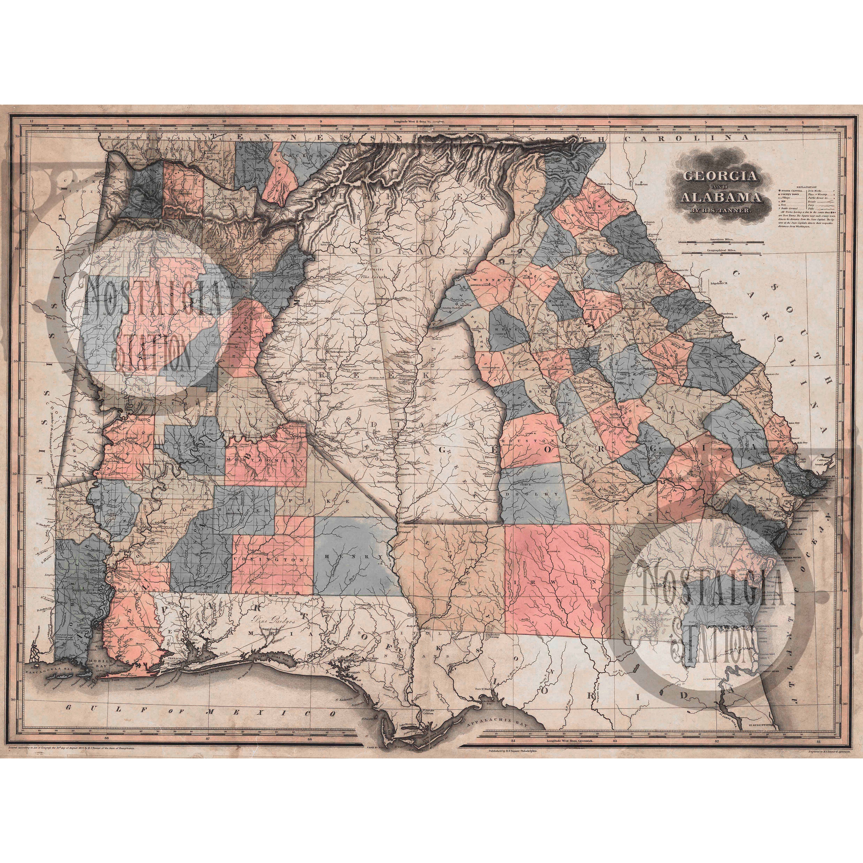 Alabama Indian Territory Map 1823 Antique Historic Vintage Photo Wall Decor Art Lake Martin Reprint  FREE SHIPPING!