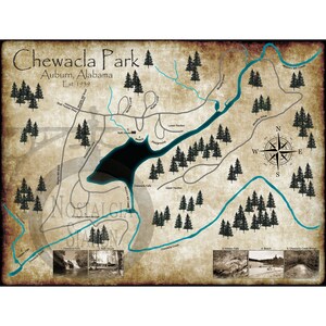 Carte du parc de Chewacla, Auburn, Alabama, oeuvre d'art originale, art mural, carte du lac, style vintage, livraison gratuite !