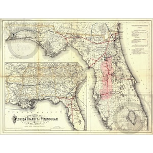 Kaart Florida Railroad 1882 antieke historische vintage foto Steampunk piraat kaart muur decor kunst herdruk GRATIS VERZENDING!