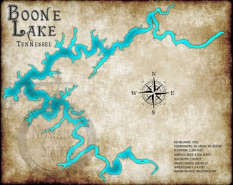 Boone Lake, Tennessee Vintage Style Lake Map Wall Art FREE SHIPPING!