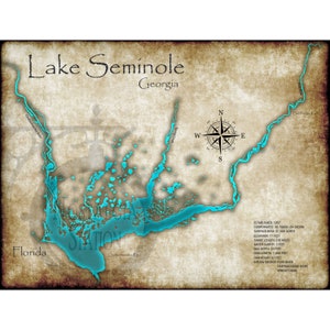 Lake Seminole Georgia und Florida Vintage Style See Karte Wand Kunst Bulldogs Gators Kunst