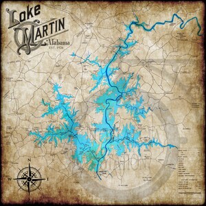 Lake Martin Map Alabama 20x20 Vintage Style Map Landkarte Nahe Alexander City, Dadeville, Goodwater, Jackson's Gap, Horseshoe Bend versandkostenfrei!