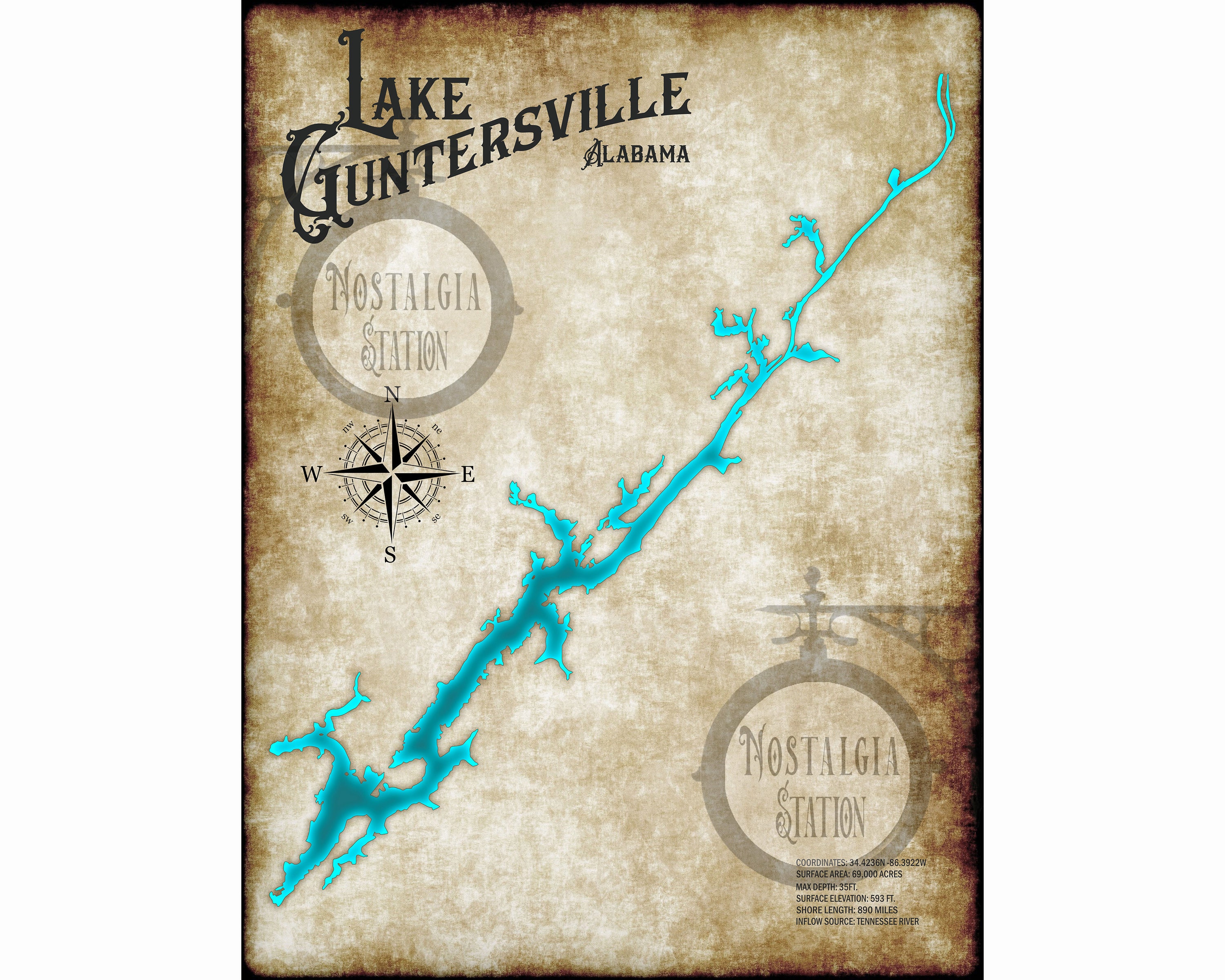 Lake Guntersville, Alabama Vintage Style Lake Art Decor Map FREE SHIPPING!