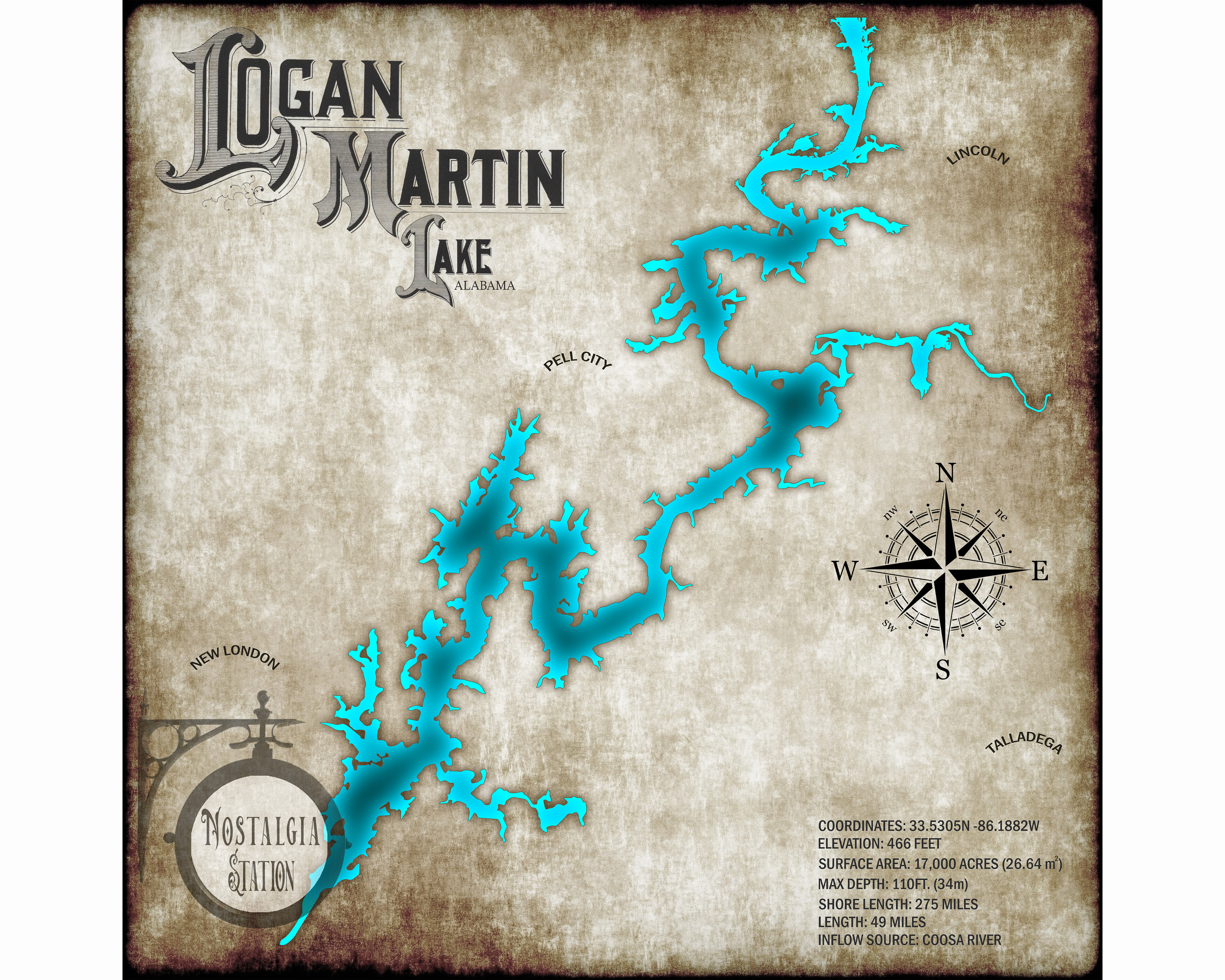 Logan Martin Lake Alabama Vintage Stil See Wand Kunst Dekor Angeln Landkarte Birmingham Pell City KOSTENLOSER VERSAND!
