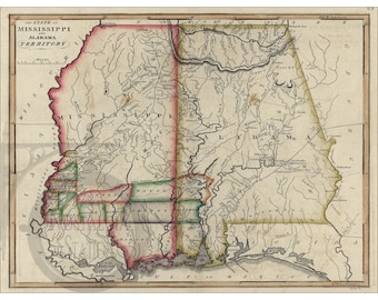 Mississippi and Alabama Indian Territory Map 1810 Antique Historic Vintage Photo Wall Decor River Art History Reprint FREE SHIPPING!