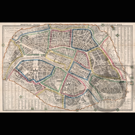 Paris France Map 1867 Antique Vintage Historic History Wall Art