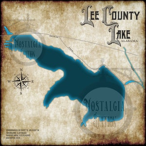 Lee County Lake Auburn Alabama Opelika Alabama Beauregard estilo vintage lago decoração de arte de parede mapa de vida de pesca FRETE GRÁTIS!
