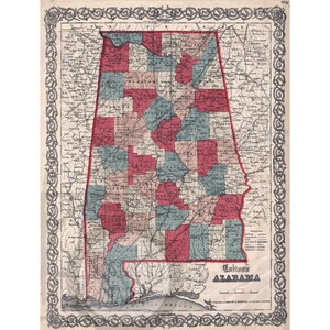 Kaart van Alabama 1859 antieke historische vintage foto Amerikaanse geschiedenis muur decor kunst Lake Martin herdruk GRATIS VERZENDING!