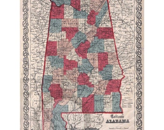 Alabama Map 1859 Antique Historic Vintage Photo American History Wall Decor Art Lake Martin Reprint  FREE SHIPPING!