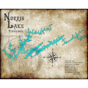 May include: A vintage-style map of Norris Lake in Tennessee. The lake is outlined in turquoise blue and the map features a compass rose and text that includes the lake's name, location, and key facts, such as its size, depth, and elevation.