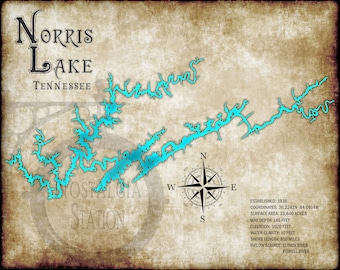Norris Lake, Tennessee Vintage Style Lake Map Wall Art Vanderbilt Tennessee Volunteers FREE SHIPPING!