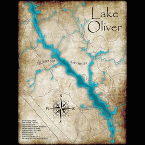 Mapa estilo vintage do Lago Oliver perto de Columbus, Geórgia, arte de parede do lago, decoração, mapa da vida de pesca, FRETE GRÁTIS!