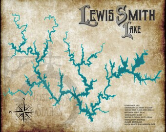 Mapa de fotos de decoración de pared de estilo vintage del lago Lewis Smith, Alabama. ¡ENVÍO GRATIS!
