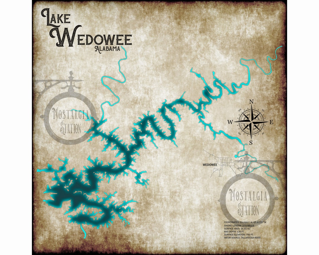 Lake Wedowee Alabama 24x24 Vintage Style Map FREE Etsy