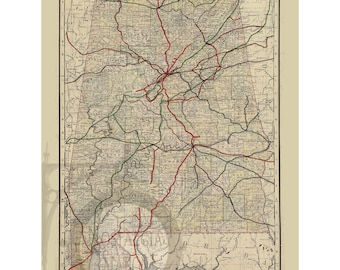 Alabama 1888 spoorwegkaart antieke historische vintage foto Amerikaanse geschiedenis muur decor kunst Lake Martin herdruk GRATIS VERZENDING!