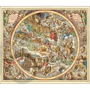 Carte céleste avec symboles chrétiens 1660 Antique historique photo vintage affiche du zodiaque carte Steampunk décoration murale réimpression d'art LIVRAISON GRATUITE !