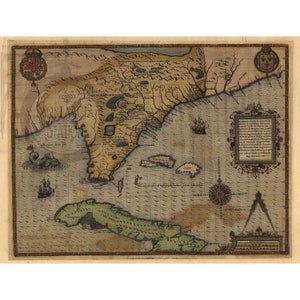 Kaart van Florida 1591 door Jacques Le Moyne De Morgues Antieke historische vintage foto Steampunk piraat kaart muur decor kunst herdruk GRATIS VERZENDING!