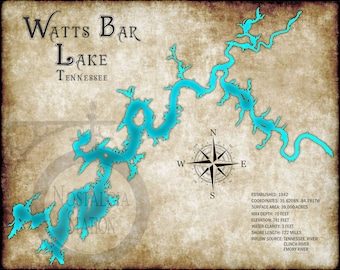 Watts Bar Lake, Tennessee Vintage Style Lake Map Wall Art Vanderbilt Tennessee Volunteers FREE SHIPPING!