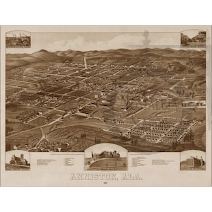 Anniston AL Alabama 1887 Mappa antica d'epoca storica Decorazione da parete Lake Martin Ristampa SPEDIZIONE GRATUITA!