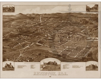 Anniston AL Alabama 1887 Historic Vintage Antique Map Wall Art Decor Lake Martin Reprint FREE SHIPPING!