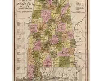 Alabama 1841 kaart antieke historische vintage foto Amerikaanse geschiedenis muur decor kunst Lake Martin herdruk GRATIS VERZENDING!