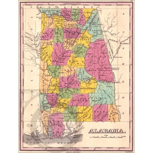 Alabama Map 1833 Antique Historic Vintage Photo American History Wall Decor Art Lake Martin Reprint  FREE SHIPPING!