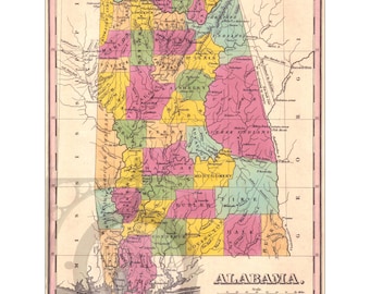 Alabama 1833 kaart antieke historische vintage foto Amerikaanse geschiedenis muur decor kunst Lake Martin herdruk GRATIS VERZENDING!