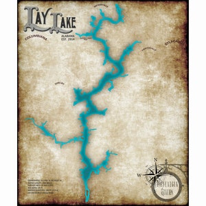 Lay Lake Alabama Vintage Style See Wand Kunst Dekor Foto Karte in der Nähe von Sylacauga und Columbiana