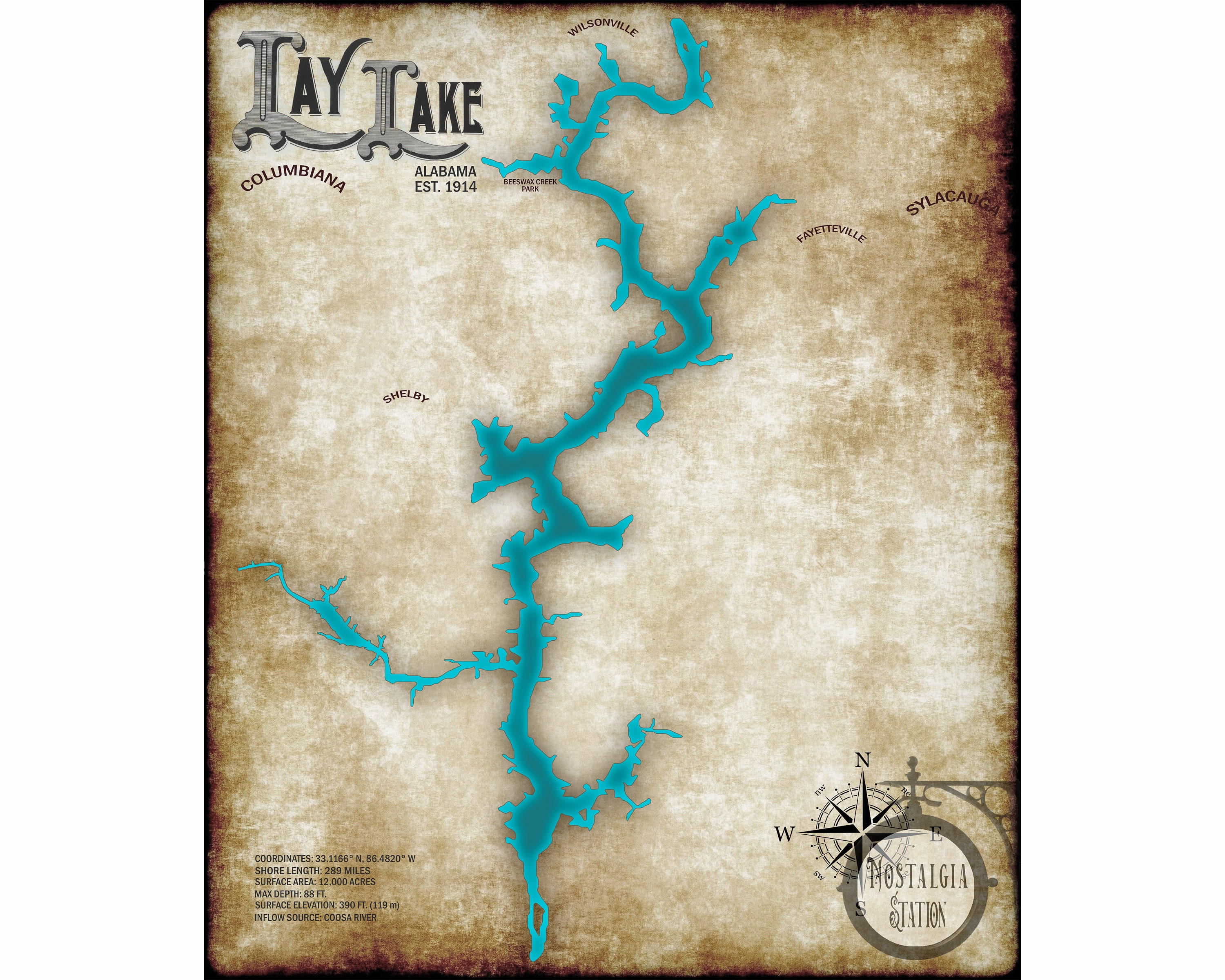 Lay Lake Alabama Vintage Style Lake Wall Art Decor Photo Map Near