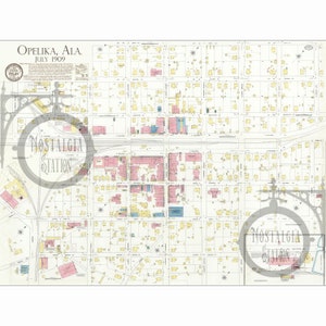 Opelika, Alabama 1909 Mappa storica vintage antica ristampa 30 x 40" SPEDIZIONE GRATUITA!