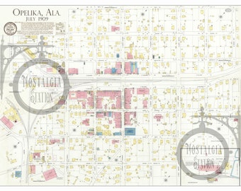 Opelika, Alabama 1909 Antique Vintage Historic Map Reprint 30 x 40" FREE SHIPPING!