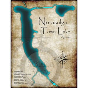 Lac de ville de Notasulga, art mural de carte de lac de style vintage de Notasulga Loachapoka Tallassee, Alabama, livraison gratuite !