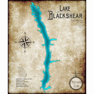 May include: A vintage-style map of Lake Blackshear in Georgia, with a compass rose and a blue outline of the lake. The map includes coordinates, elevation, surface area, maximum depth, shore length, and inflow source. The text "NOSTALGIA STATION" is at the bottom of the map.