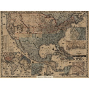 American World Map Print 1862 Antique Historic Vintage Photo Steampunk Pirate Map Wall Decor Art Reprint  FREE SHIPPING!