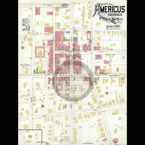May include: A detailed vintage map of Americus, Georgia, from March 1895, showing the town's layout. The Sanborn-Perris Map Co. map uses pink and yellow to depict buildings, with street names clearly visible across the detailed plan.
