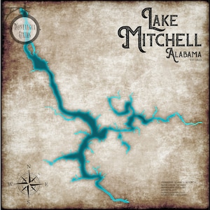 Lake Mitchell Alabama Gegründet 1923 Vintage Style Lake Wandkunst Dekor Angeln Lebenskarte Clanton Prattville KOSTENLOSER VERSAND!