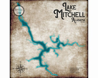 Lake Mitchell Alabama Established 1923 Vintage Style Lake Wall Art Decor Fishing Life Map Clanton Prattville FREE SHIPPING!